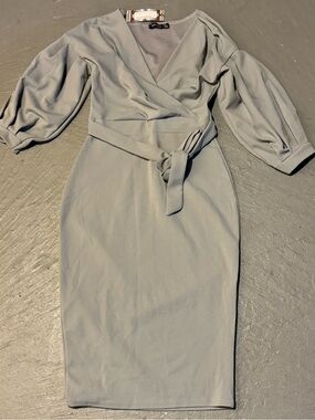 Boohoo Dusty Gray Wrap Midi Dress with Tie Waist